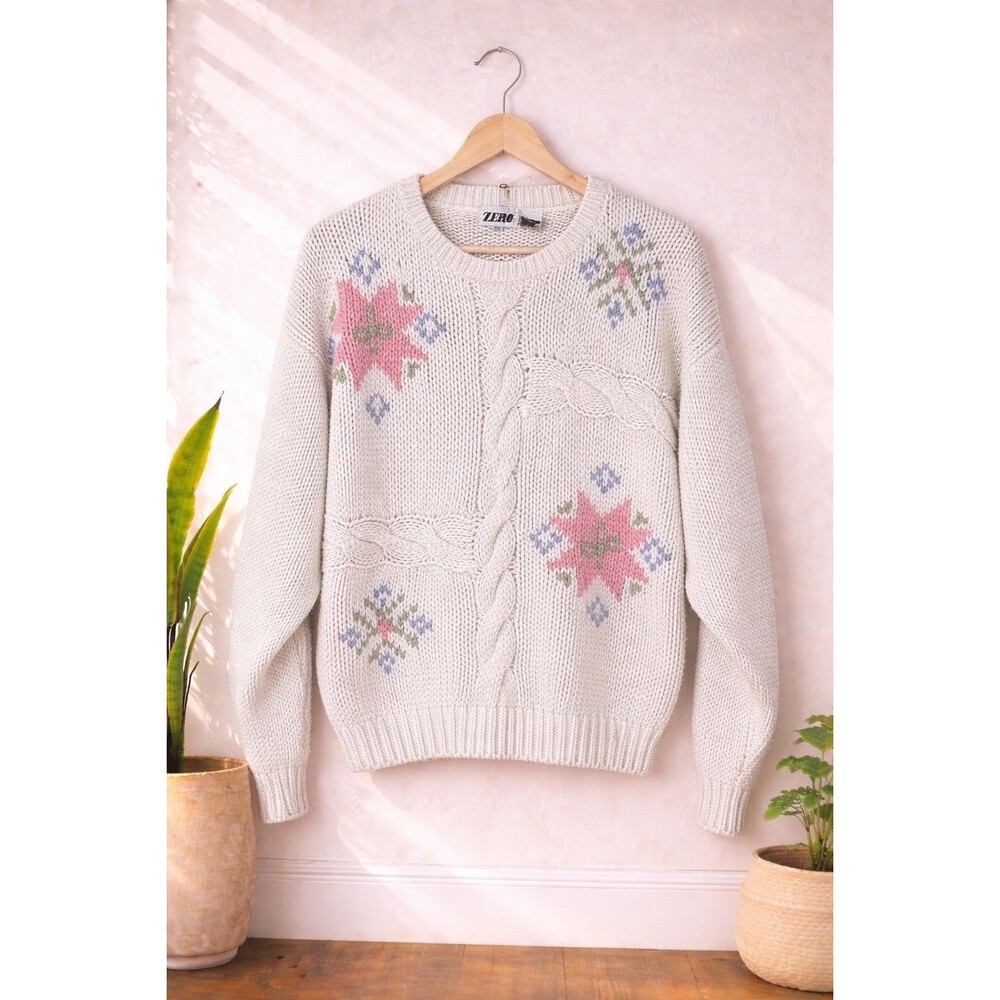 Vintage 90s Floral Cable Knit Sweater Cream Embroidered Womens Medium